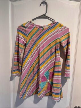 Girls' Pink Striped Long-Sleeve Dress with Flower Patch